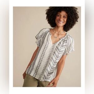 Marine Layer Small Lana Textured V-Neck Black & White Jacquard‎ Linen Blouse Top